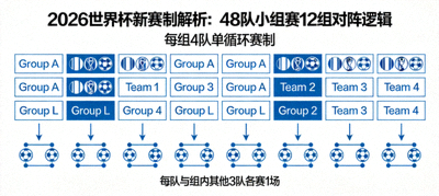 2026世界杯扩军至48队新赛制解析图，展示小组赛12组每组4队的对阵逻辑