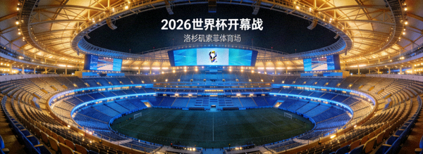 洛杉矶索菲体育场内部宏伟视角，2026世界杯开幕战举办场馆
