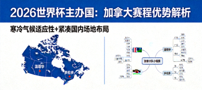 加拿大作为2026世界杯主办国，赛程优势在于寒冷气候适应性与紧凑的国内场地布局，对阵图显示加拿大队小组赛多在温哥华和多伦多进行