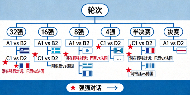 2026世界杯淘汰赛对阵树状图，从32强到决赛的完整晋级路径与潜在强强对话标注