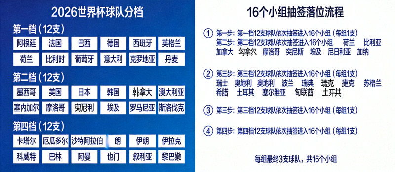 2026世界杯小组抽签模拟图，展示48支球队分档与16个小组的抽签落位规则