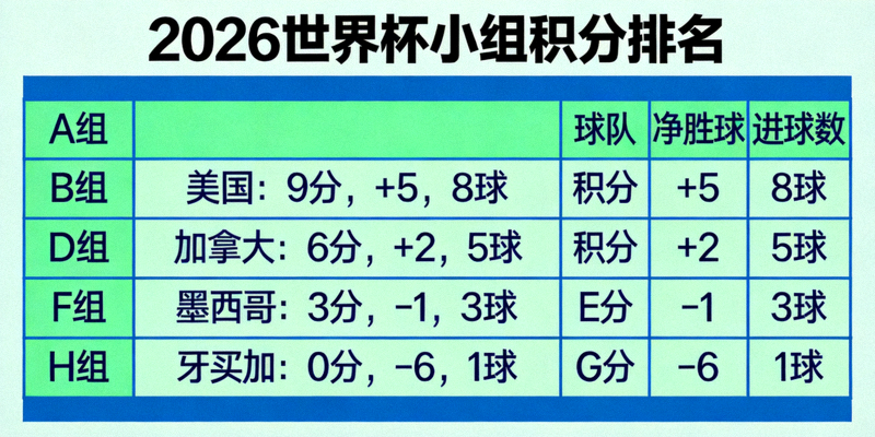 2026世界杯小组积分排名可视化图表展示各队积分情况